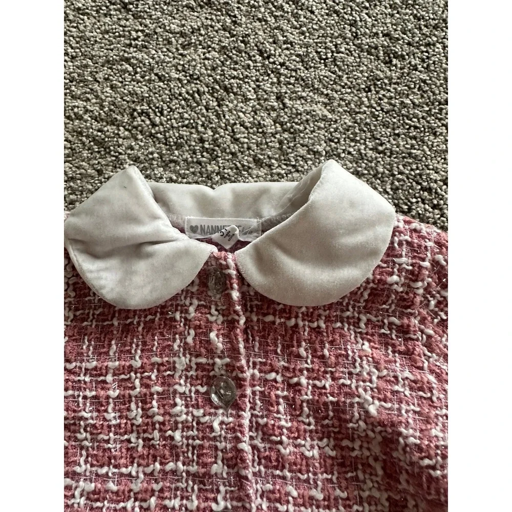 Nannette Kids Pink Tweed Boucle Dress Peter Pan Collar 3T Metallic Shimmer Bows
